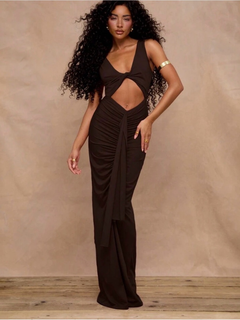 Women's Light Gray Cutout Maxi Dress with Ruched Front M SHEIN